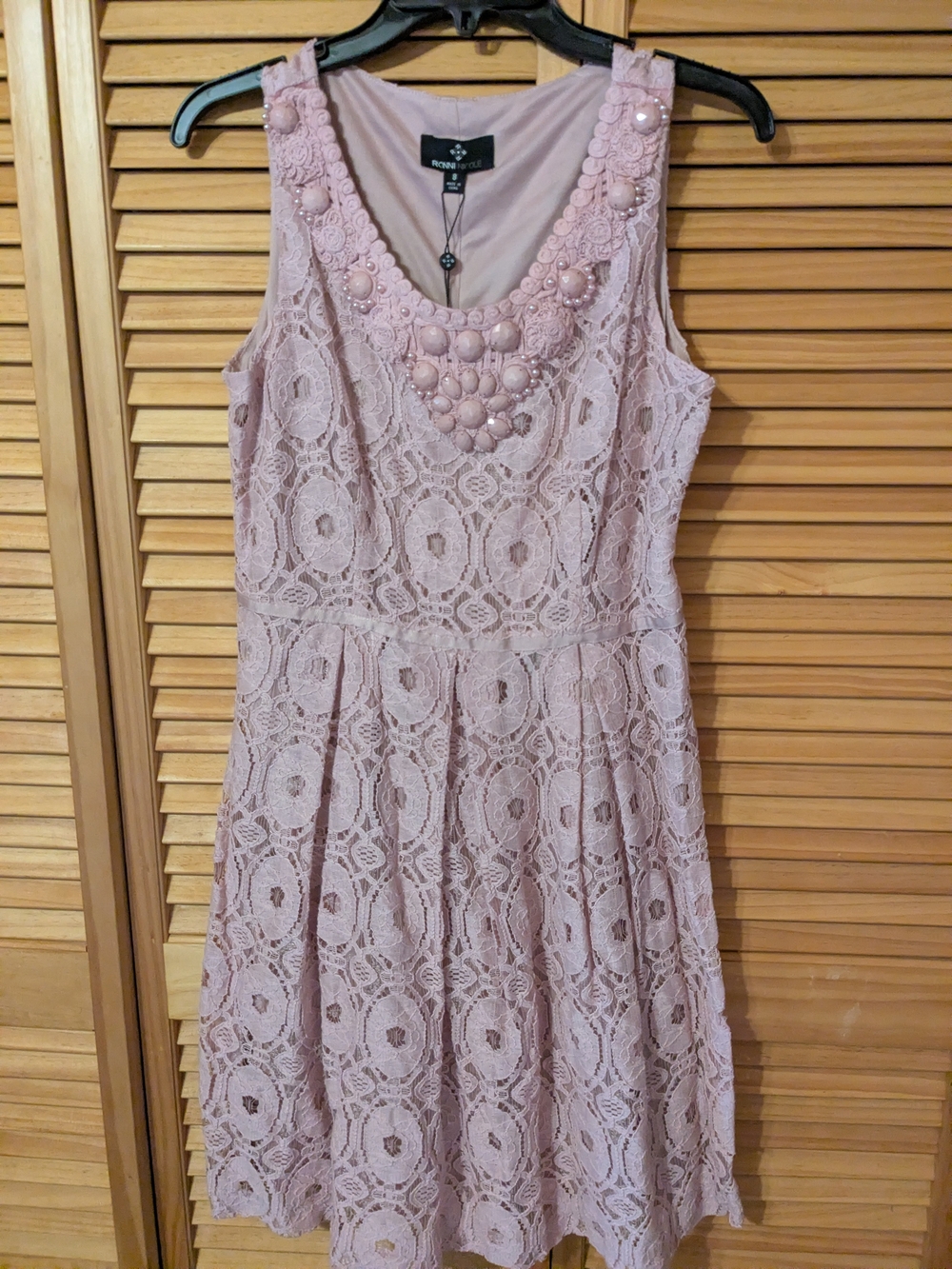 Ronni Nicole Blush Lace Mini Dress with Beaded Scoop